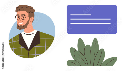 A cheerful man with glasses and a beard, a rectangular text box with lines, and leafy green foliage. Ideal for profile presentation, communication, personal branding, storytelling, social media
