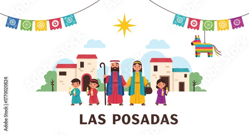 Quadro su tela Cartoon depiction of Las Posadas celebration with characters piñata decorations