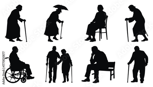 elderly senior old age people walking set collection pack bundle black shape icon silhouette vector flat illustration design on white background