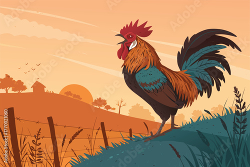 Vibrant rooster close-up, dawn's golden light, farmyard mist, dew-kissed feathers, majestic crowing, early morning awakening.