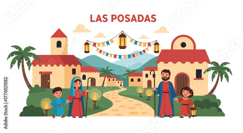 Cartoon depiction of Las Posadas with Mary Joseph children houses lanterns and banners