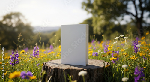 Blank White Book Mockup on Tree Stump in Wildflower Meadow. Natural Product Presentation.