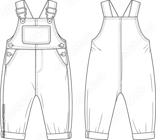Children's overalls technical fashion sketch, front and back view, adjustable straps, chest pocket, stitching details, garment design, vector illustration