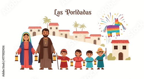 Cartoon figures celebrate Las Posadas with lanterns piñata and village backdrop
