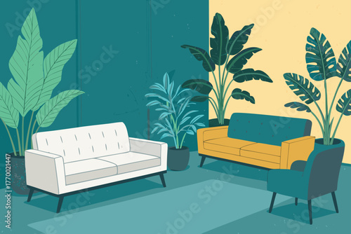 Lobby seating area with plants, sofas, and natural light.