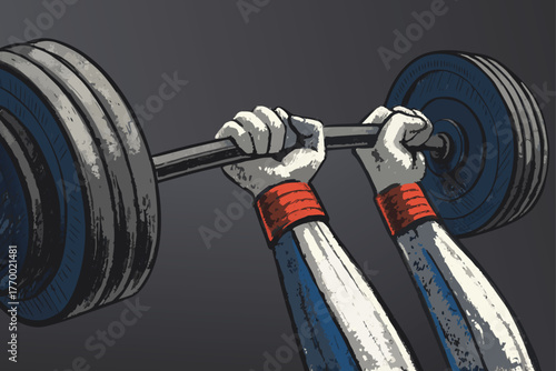 Close up of a muscular weightlifter's chalked hands gripping a heavy barbell, sweat, power, determination.