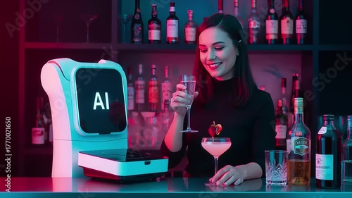 Smiling woman interacts with AI robot bartender serving a cocktail in a vibrant, futuristic bar, showcasing technology's role in modern hospitality and automated service