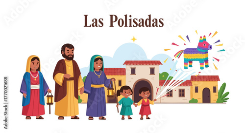 Cartoon illustration of Las Posadas with characters buildings a star and a donkey pinata