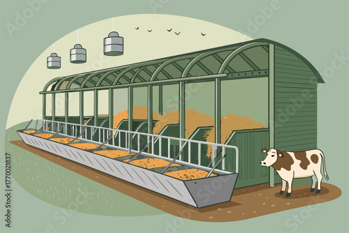Rustic cow feeding station, metal troughs overflowing with fresh hay, rural farm, livestock sustenance, agricultural equipment, pasture scene, barnyard, animal husbandry, feeding time.