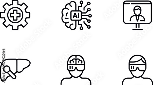 Set of six medical technology icons featuring ai brain gear and healthcare innovations vector