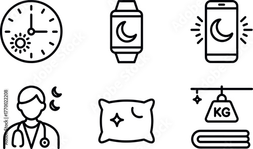 Set of six black and white line art icons representing sleep health and wellness concepts vector