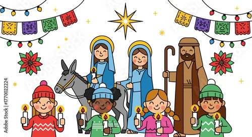 Cartoon Nativity scene with Mary Joseph baby Jesus star donkey children candles lights poinsettias  banners