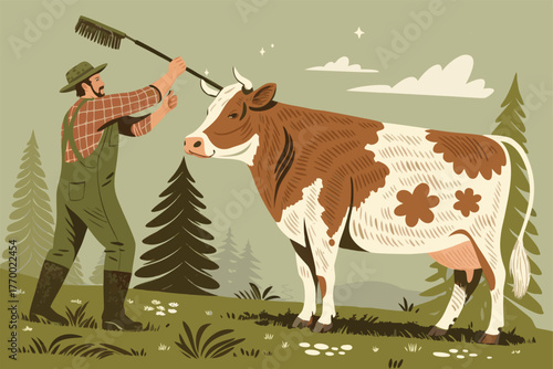 A farmer meticulously grooms a contented cow's coat using a large, soft-bristled brush in a rustic, sunlit barn, emphasizing rural life and animal husbandry.