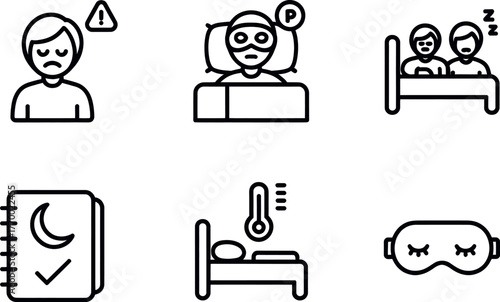 Set of six black and white line art icons representing sleep health and wellbeing concepts vector