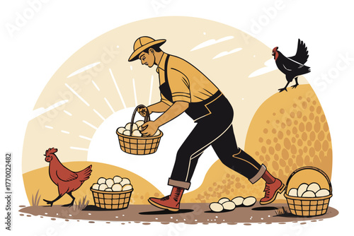 Rural farmer gathering fresh, warm, organic eggs in a woven basket on a sunlit chicken farm.
