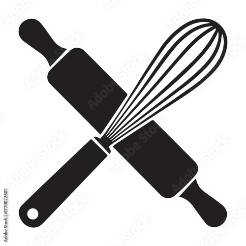 Rolling pin and whisk crossed, symbolizing baking, cooking, or culinary arts, simple and clean design
