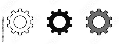 Settings gear icon illustrated in stroke, fill, and color variations, isolated on a white background. Ideal for app interfaces, software dashboards, system tools, and technology visuals.