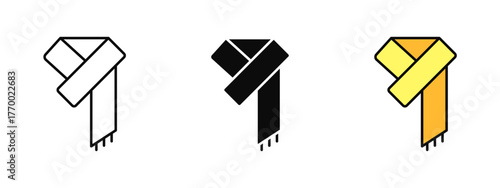 Scarf icon illustrated in stroke, fill, and color variations, isolated on a white background. Ideal for winter themes, clothing designs, fashion visuals, and cozy season concepts.