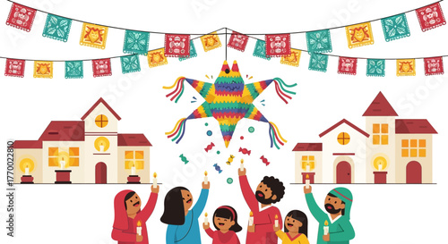 Celebration scene shows a piñata with people holding candles near buildings under colorful banners