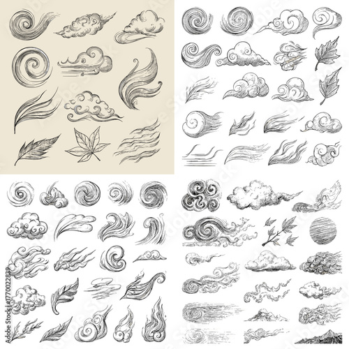 Vintage hand-drawn clouds and wind swirls illustration set. Elegant weather elements in artistic line style, perfect for tattoo, fantasy, or natural atmosphere design.