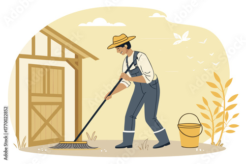 A diligent farmer cleans a rustic barn floor with a worn broom and a metal bucket.