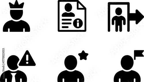 Set of six black and white user interface icons representing profile status and actions vector
