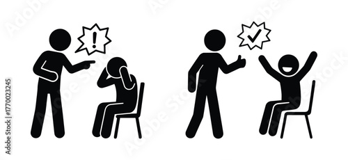 Teacher scolds and praises a student, set of stickman icons isolated silhouettes, stick figure people