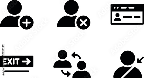 Minimalist silhouette user icons representing add remove profile settings exit and transfer actions vector