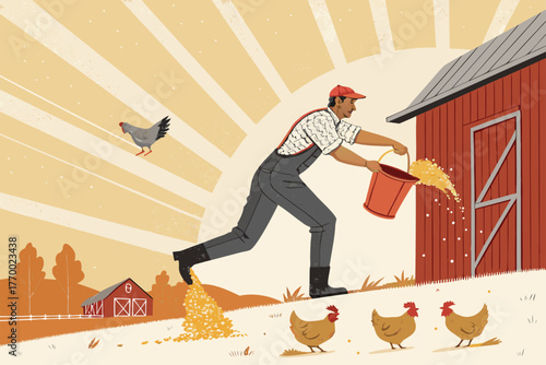 Farmer filling chicken coop with organic feed, sunlight, rural morning, healthy poultry, sustainable farming, farm life.