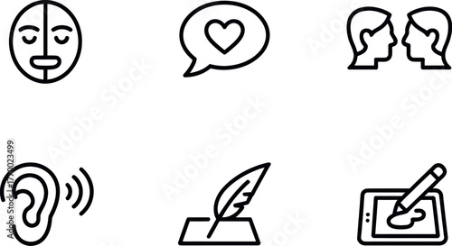 Minimalist line art icons representing communication emotion relationship sensory input writing and creativity vector