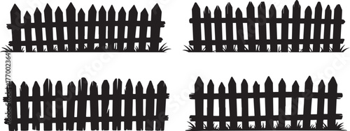 Set of silhouettes of different fences with grass on white background