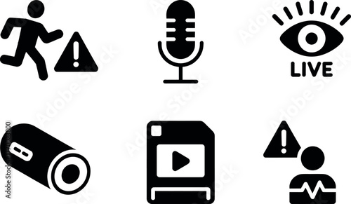 Six black and white icons representing security surveillance live stream recording and alert systems vector