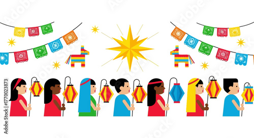 Colorful festive scene paper flags star people with lanterns  a piñata
