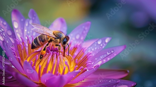 Wallpaper Mural Close-up of a Bee Collecting Nectar on a Vibrant Water Lily Torontodigital.ca