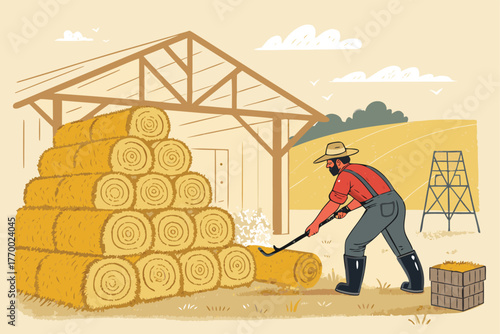 A solitary farmer expertly stacks golden hay bales inside a rustic barn, bathed in soft light.