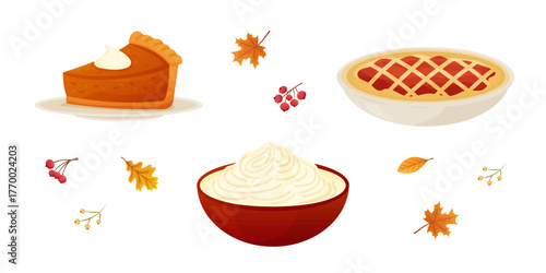 Delicious autumn desserts featuring pumpkin pie, apple pie, whipped cream, and colorful leaves, perfect for seasonal celebrations and gatherings