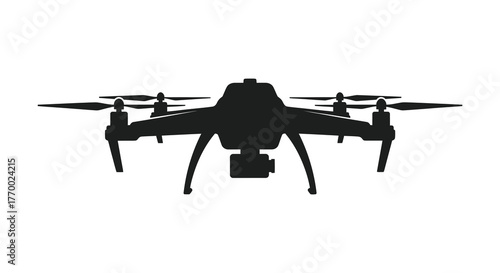 Black silhouette of a quadcopter drone with four propellers and a camera viewed from the front on a white background