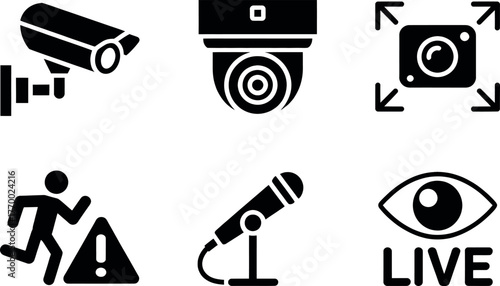 Set of six black and white security icons for surveillance and monitoring applications vector