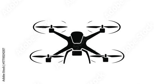 A stark black silhouette of a quadcopter drone viewed from above against a clean white background silhouette