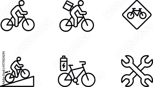 Minimalist line art icons set six bicycles riding and bicycle maintenance concepts vector