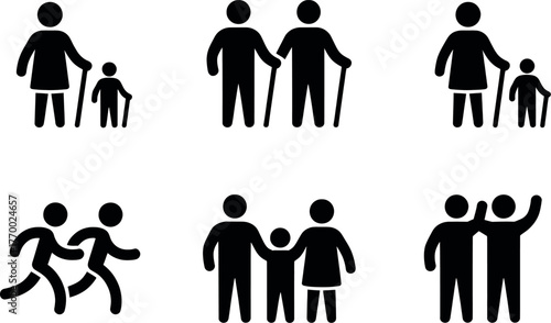 Minimalist black and white icons representing diverse family dynamics and relationships in simple silhouettes vector