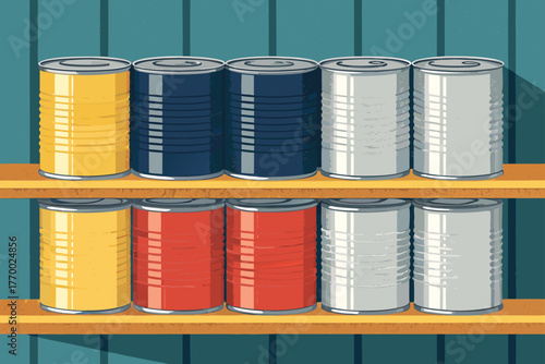 Shelf stocked with canned goods neatly arranged.