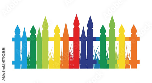 Colorful picket fence silhouette with grass elements against a white background representing childhood and outdoor play