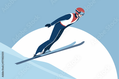 Ski jumper airborne in a graceful mid-air flight pose.