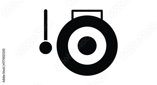 A simple black silhouette of a gong with a mallet ready to strike representing sound and music