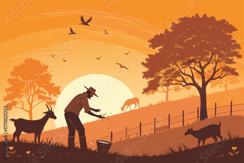 Peaceful farm morning, farmer greeting friendly animals, misty sunrise, golden light, rural tranquility, countryside awakening.