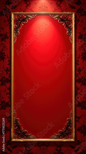 Elegant Red Wall with Ornate Gold Frame and Decorative Pattern