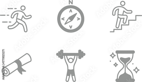 Set of six minimalist line art icons representing success achievement growth and goals vector