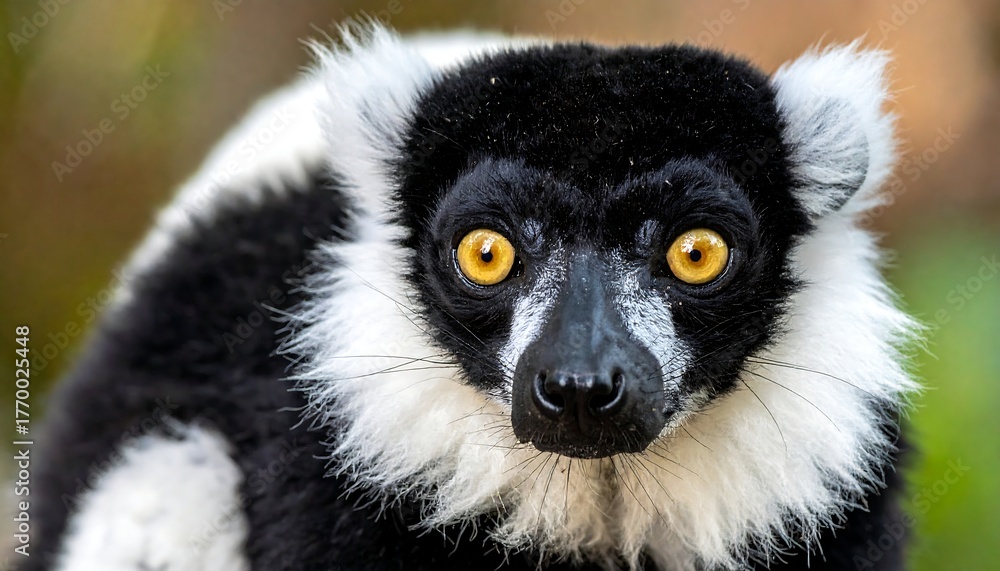 Fototapeta premium Close-up shot of a black and white lemur with focused golden eyes