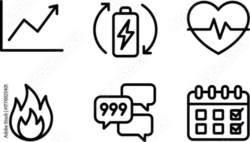 Set of six minimalist line art icons representing growth battery health fire messages and calendar vector